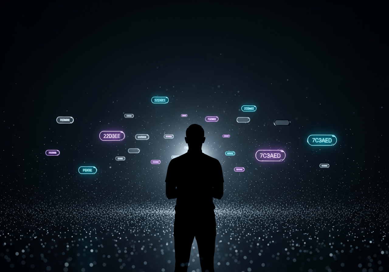 A lone figure contemplating a softly glowing field of data nodes, representing human-in-the-loop control.