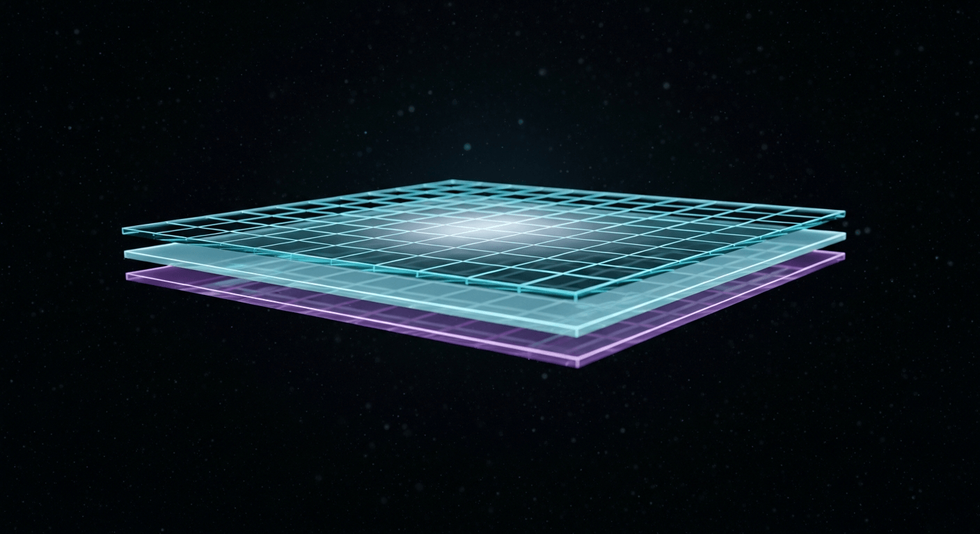 Layered translucent control planes glowing in dark space, representing one unified operating surface.