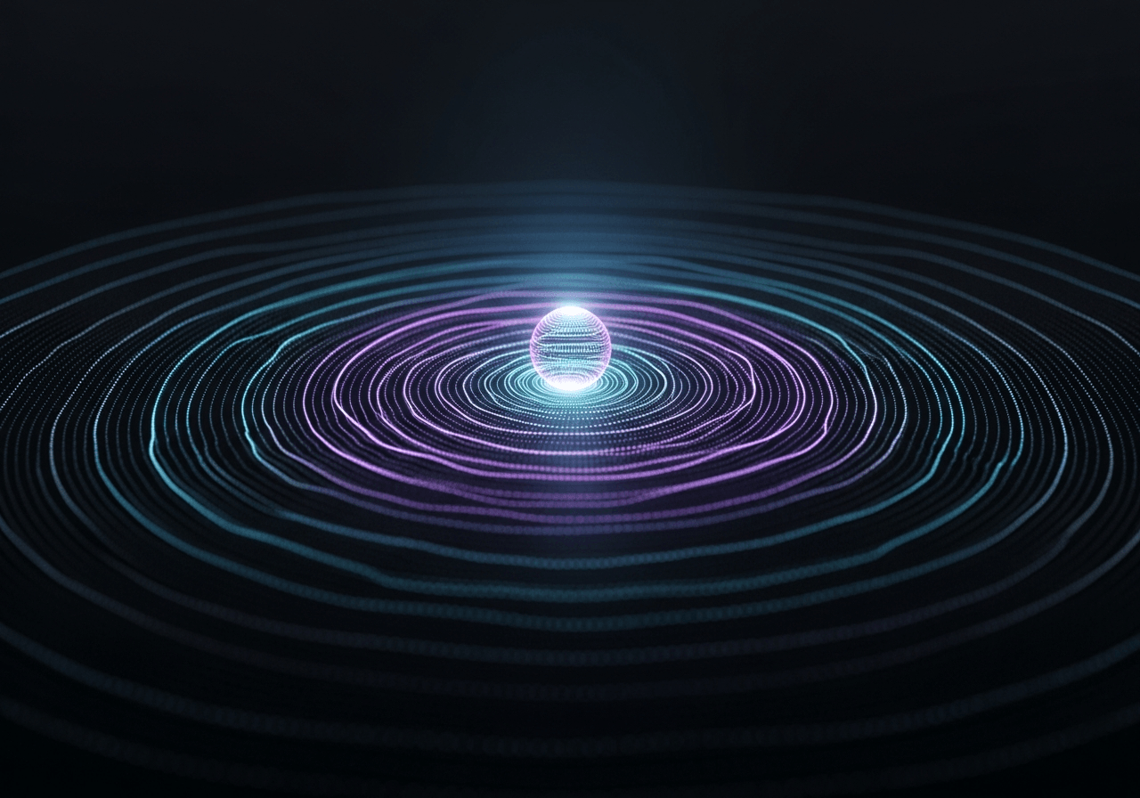 Luminous concentric waveform radiating from a glowing orb, representing always-on voice automation.